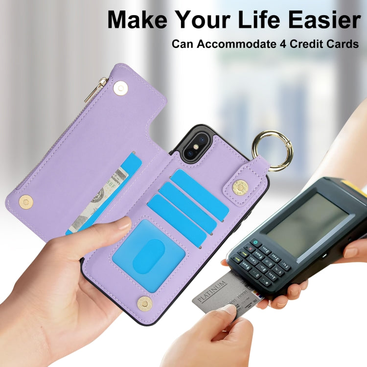 For iPhone XS Max RFlD Anti-theft Double Buckle Ring Zipper Card Phone Case(Purple) - More iPhone Cases by buy2fix | Online Shopping UK | buy2fix