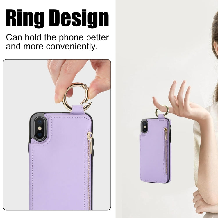 For iPhone XS Max RFlD Anti-theft Double Buckle Ring Zipper Card Phone Case(Purple) - More iPhone Cases by buy2fix | Online Shopping UK | buy2fix