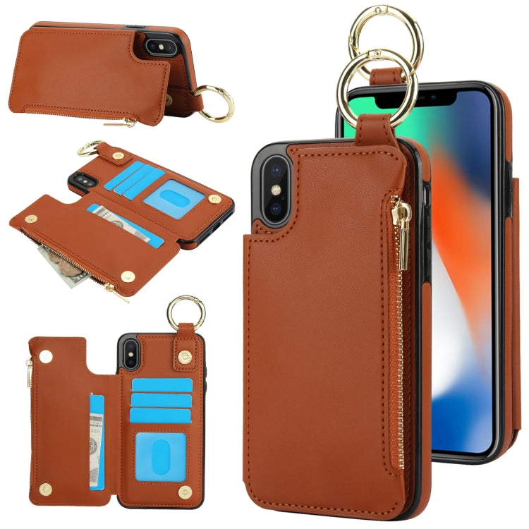 For iPhone XS Max RFlD Anti-theft Double Buckle Ring Zipper Card Phone Case(Brown) - More iPhone Cases by buy2fix | Online Shopping UK | buy2fix