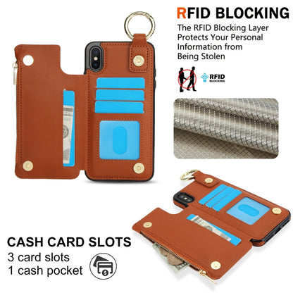 For iPhone XS Max RFlD Anti-theft Double Buckle Ring Zipper Card Phone Case(Brown) - More iPhone Cases by buy2fix | Online Shopping UK | buy2fix
