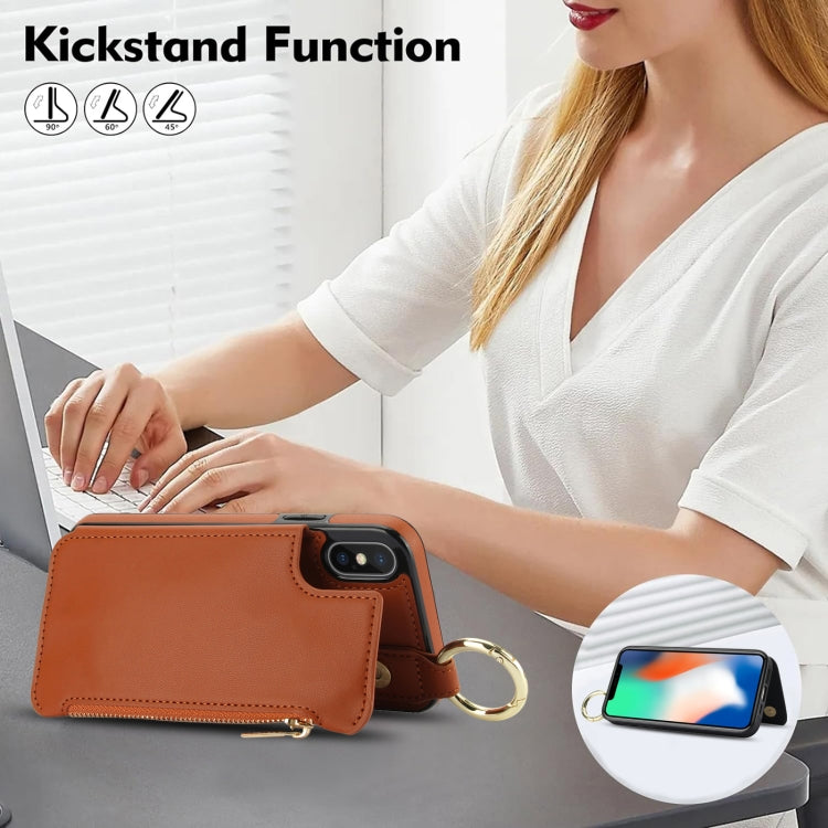 For iPhone XS Max RFlD Anti-theft Double Buckle Ring Zipper Card Phone Case(Brown) - More iPhone Cases by buy2fix | Online Shopping UK | buy2fix