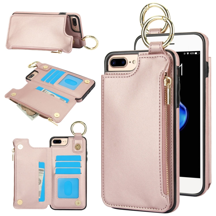 For iPhone 8 Plus / 7 Plus RFlD Anti-theft Double Buckle Ring Zipper Card Phone Case(Rose Gold) - More iPhone Cases by buy2fix | Online Shopping UK | buy2fix