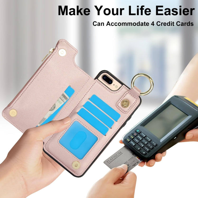 For iPhone 8 Plus / 7 Plus RFlD Anti-theft Double Buckle Ring Zipper Card Phone Case(Rose Gold) - More iPhone Cases by buy2fix | Online Shopping UK | buy2fix