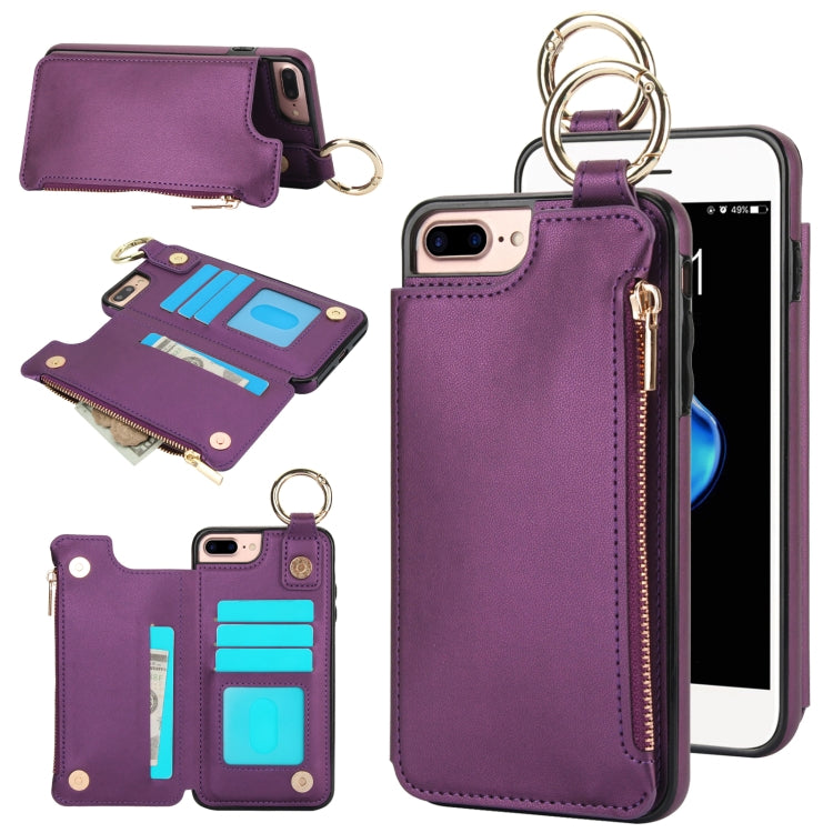 For iPhone 8 Plus / 7 Plus RFlD Anti-theft Double Buckle Ring Zipper Card Phone Case(Dark Purple) - More iPhone Cases by buy2fix | Online Shopping UK | buy2fix