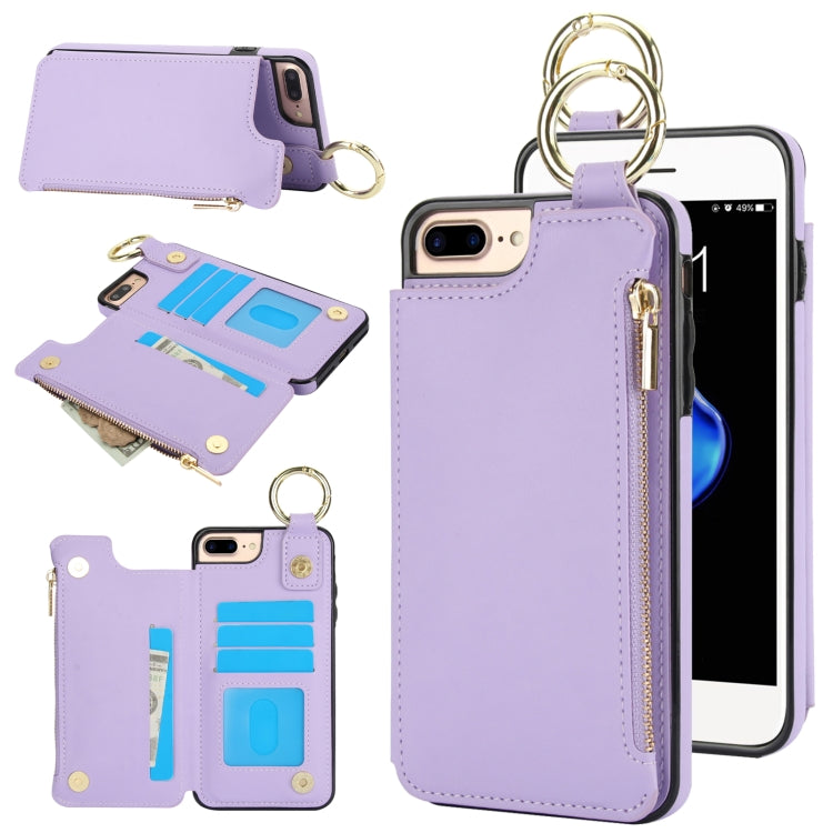 For iPhone 8 Plus / 7 Plus RFlD Anti-theft Double Buckle Ring Zipper Card Phone Case(Purple) - More iPhone Cases by buy2fix | Online Shopping UK | buy2fix