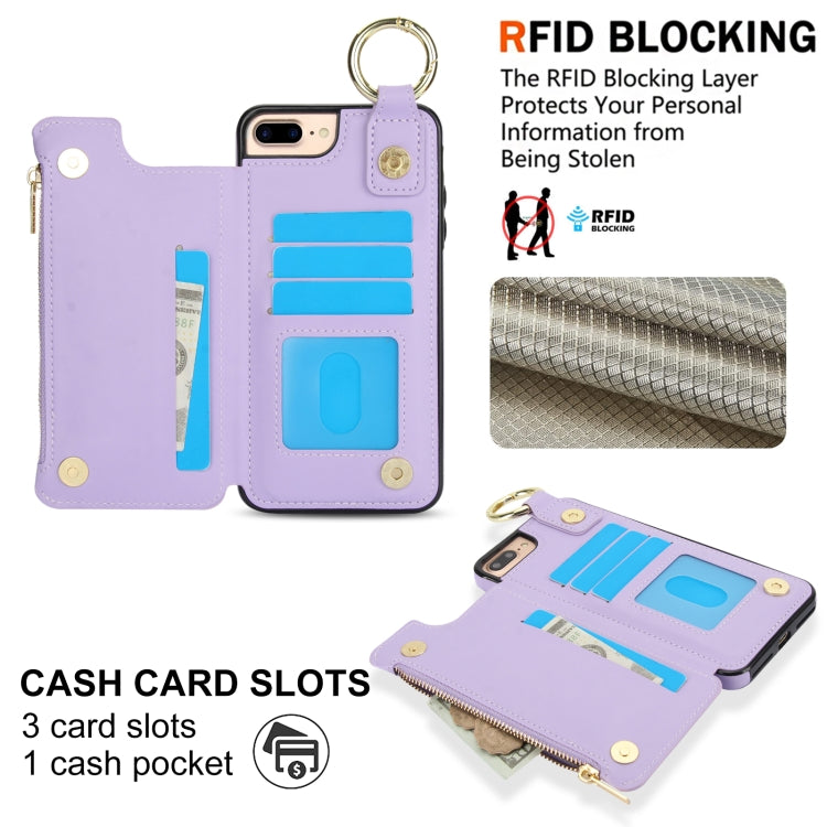 For iPhone 8 Plus / 7 Plus RFlD Anti-theft Double Buckle Ring Zipper Card Phone Case(Purple) - More iPhone Cases by buy2fix | Online Shopping UK | buy2fix