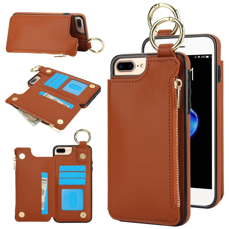 For iPhone 8 Plus / 7 Plus RFlD Anti-theft Double Buckle Ring Zipper Card Phone Case(Brown) - More iPhone Cases by buy2fix | Online Shopping UK | buy2fix