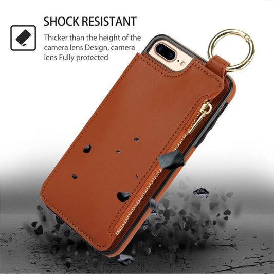 For iPhone 8 Plus / 7 Plus RFlD Anti-theft Double Buckle Ring Zipper Card Phone Case(Brown) - More iPhone Cases by buy2fix | Online Shopping UK | buy2fix