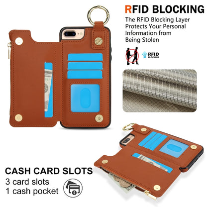 For iPhone 8 Plus / 7 Plus RFlD Anti-theft Double Buckle Ring Zipper Card Phone Case(Brown) - More iPhone Cases by buy2fix | Online Shopping UK | buy2fix