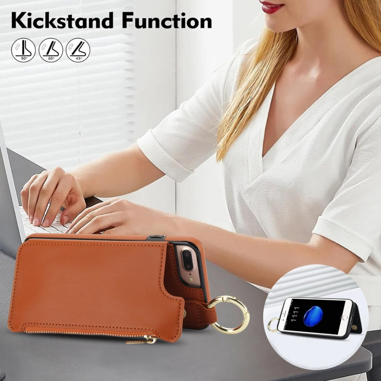 For iPhone 8 Plus / 7 Plus RFlD Anti-theft Double Buckle Ring Zipper Card Phone Case(Brown) - More iPhone Cases by buy2fix | Online Shopping UK | buy2fix