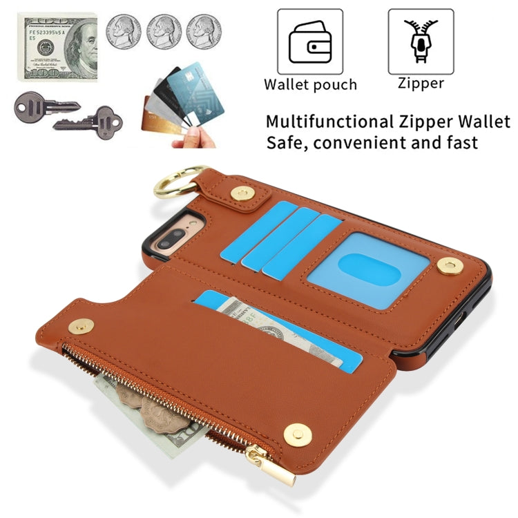 For iPhone 8 Plus / 7 Plus RFlD Anti-theft Double Buckle Ring Zipper Card Phone Case(Brown) - More iPhone Cases by buy2fix | Online Shopping UK | buy2fix