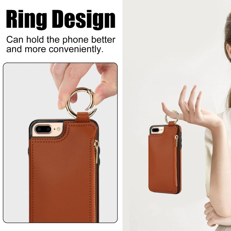 For iPhone 8 Plus / 7 Plus RFlD Anti-theft Double Buckle Ring Zipper Card Phone Case(Brown) - More iPhone Cases by buy2fix | Online Shopping UK | buy2fix