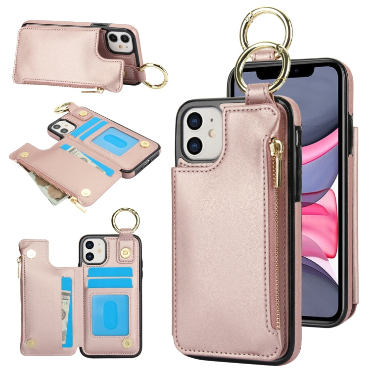 For iPhone 12 RFlD Anti-theft Double Buckle Ring Zipper Card Phone Case(Rose Gold) - iPhone 12 Pro Max Cases by buy2fix | Online Shopping UK | buy2fix