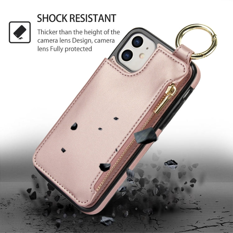 For iPhone 12 RFlD Anti-theft Double Buckle Ring Zipper Card Phone Case(Rose Gold) - iPhone 12 Pro Max Cases by buy2fix | Online Shopping UK | buy2fix