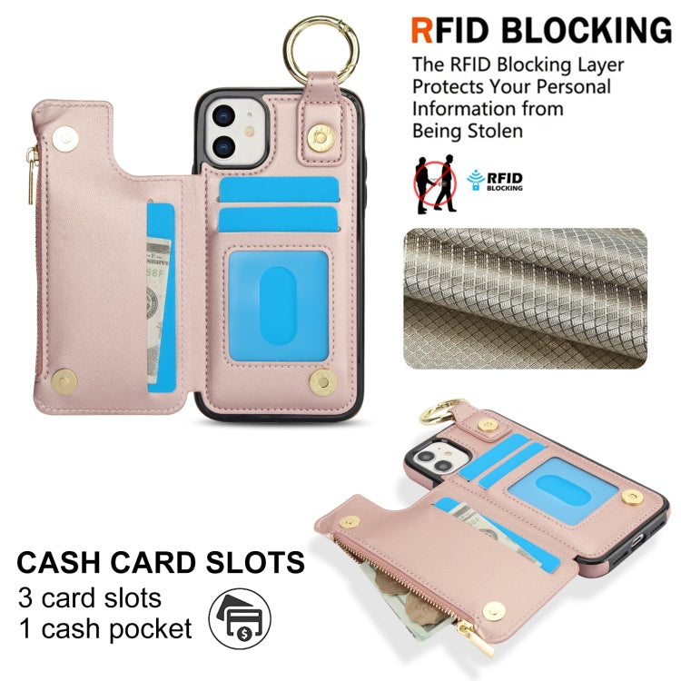 For iPhone 12 RFlD Anti-theft Double Buckle Ring Zipper Card Phone Case(Rose Gold) - iPhone 12 Pro Max Cases by buy2fix | Online Shopping UK | buy2fix