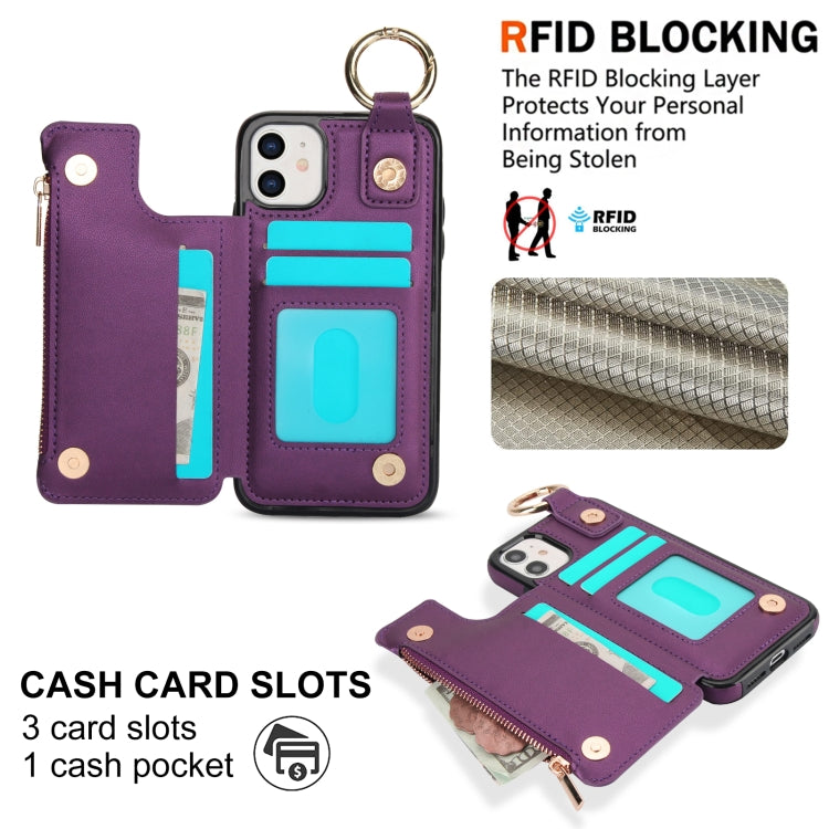 For iPhone 12 RFlD Anti-theft Double Buckle Ring Zipper Card Phone Case(Dark Purple) - iPhone 12 Pro Max Cases by buy2fix | Online Shopping UK | buy2fix
