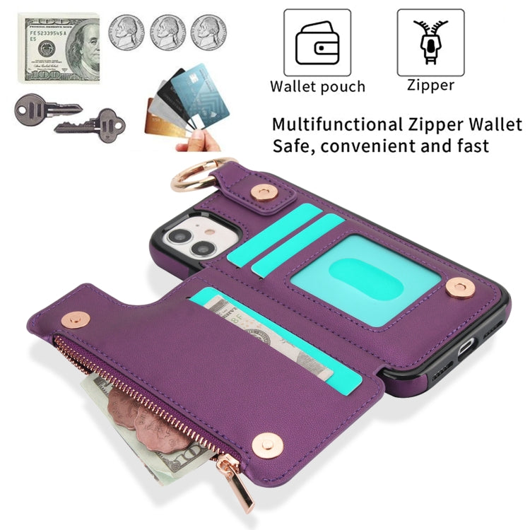For iPhone 12 RFlD Anti-theft Double Buckle Ring Zipper Card Phone Case(Dark Purple) - iPhone 12 Pro Max Cases by buy2fix | Online Shopping UK | buy2fix