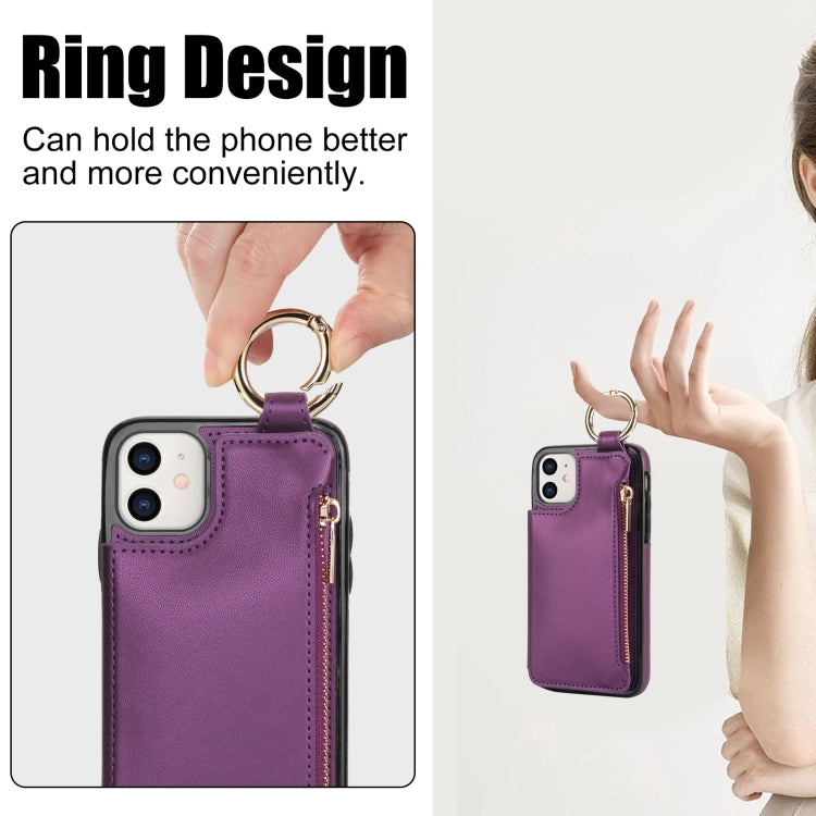 For iPhone 12 RFlD Anti-theft Double Buckle Ring Zipper Card Phone Case(Dark Purple) - iPhone 12 Pro Max Cases by buy2fix | Online Shopping UK | buy2fix