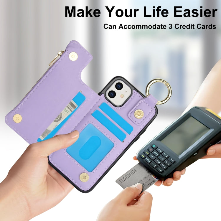 For iPhone 12 RFlD Anti-theft Double Buckle Ring Zipper Card Phone Case(Purple) - iPhone 12 Pro Max Cases by buy2fix | Online Shopping UK | buy2fix