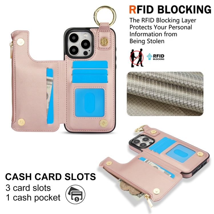 For iPhone 16 Pro Max RFlD Anti-theft Double Buckle Ring Zipper Card Phone Case(Rose Gold) - iPhone 16 Pro Max Cases by buy2fix | Online Shopping UK | buy2fix