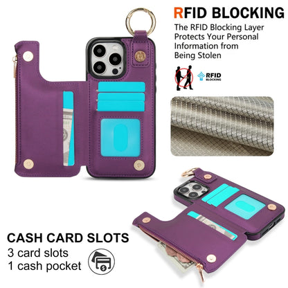 For iPhone 16 Pro Max RFlD Anti-theft Double Buckle Ring Zipper Card Phone Case(Dark Purple) - iPhone 16 Pro Max Cases by buy2fix | Online Shopping UK | buy2fix
