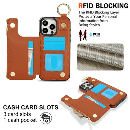 For iPhone 16 Pro Max RFlD Anti-theft Double Buckle Ring Zipper Card Phone Case(Brown) - iPhone 16 Pro Max Cases by buy2fix | Online Shopping UK | buy2fix