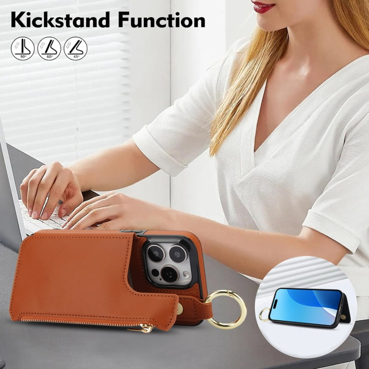 For iPhone 16 Pro Max RFlD Anti-theft Double Buckle Ring Zipper Card Phone Case(Brown) - iPhone 16 Pro Max Cases by buy2fix | Online Shopping UK | buy2fix