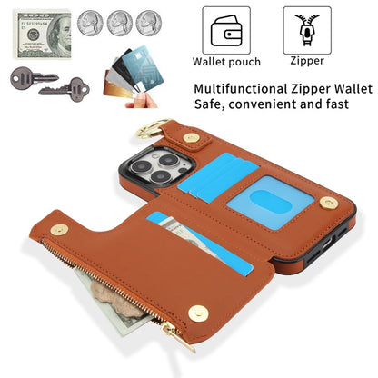 For iPhone 16 Pro Max RFlD Anti-theft Double Buckle Ring Zipper Card Phone Case(Brown) - iPhone 16 Pro Max Cases by buy2fix | Online Shopping UK | buy2fix