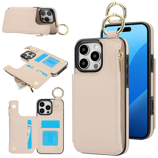 For iPhone 16 Pro RFlD Anti-theft Double Buckle Ring Zipper Card Phone Case(White) - iPhone 16 Pro Cases by buy2fix | Online Shopping UK | buy2fix