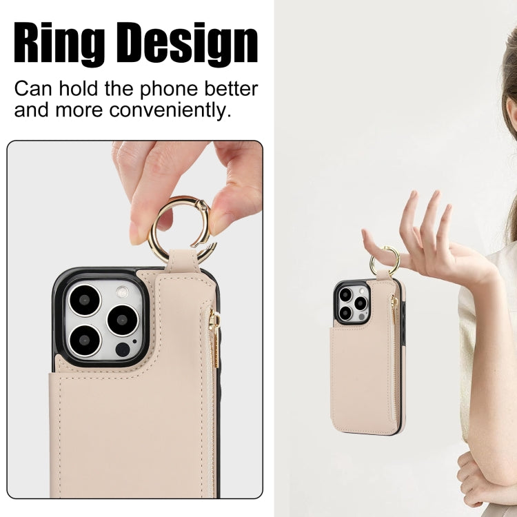 For iPhone 16 Pro RFlD Anti-theft Double Buckle Ring Zipper Card Phone Case(White) - iPhone 16 Pro Cases by buy2fix | Online Shopping UK | buy2fix