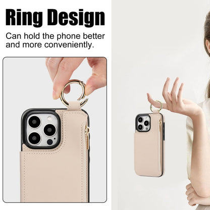 For iPhone 16 Pro RFlD Anti-theft Double Buckle Ring Zipper Card Phone Case(White) - iPhone 16 Pro Cases by buy2fix | Online Shopping UK | buy2fix
