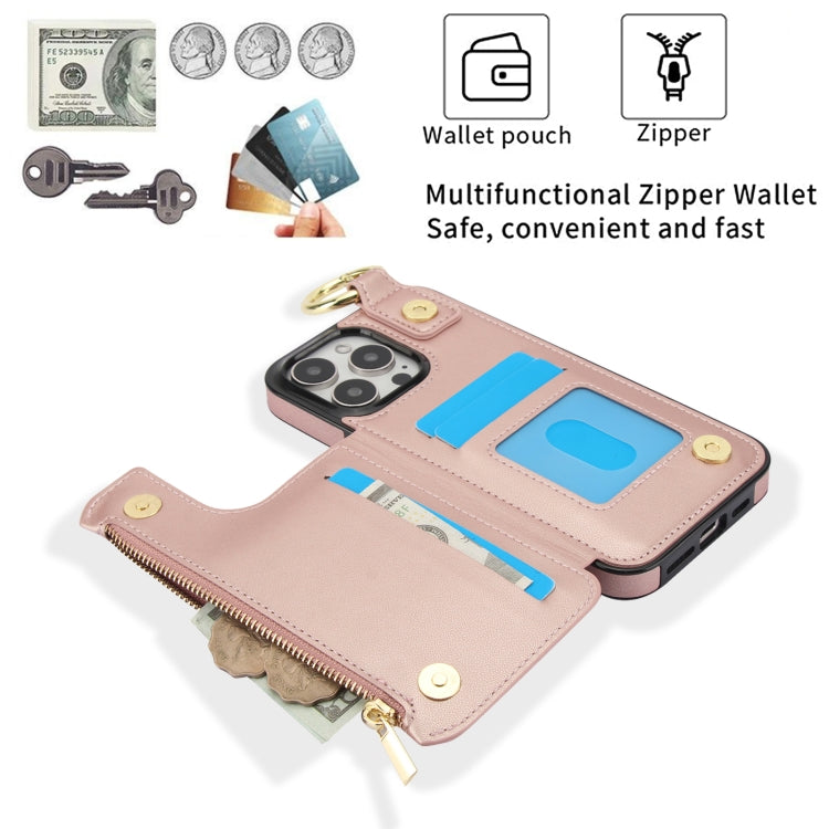 For iPhone 16 Pro RFlD Anti-theft Double Buckle Ring Zipper Card Phone Case(Rose Gold) - iPhone 16 Pro Cases by buy2fix | Online Shopping UK | buy2fix