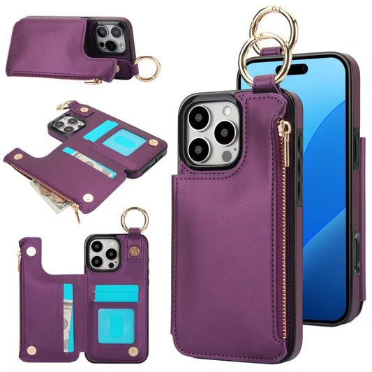 For iPhone 16 Pro RFlD Anti-theft Double Buckle Ring Zipper Card Phone Case(Dark Purple) - iPhone 16 Pro Cases by buy2fix | Online Shopping UK | buy2fix
