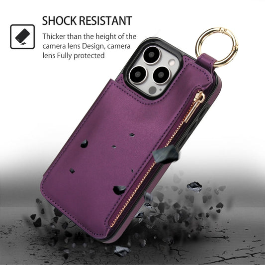 For iPhone 16 Pro RFlD Anti-theft Double Buckle Ring Zipper Card Phone Case(Dark Purple) - iPhone 16 Pro Cases by buy2fix | Online Shopping UK | buy2fix