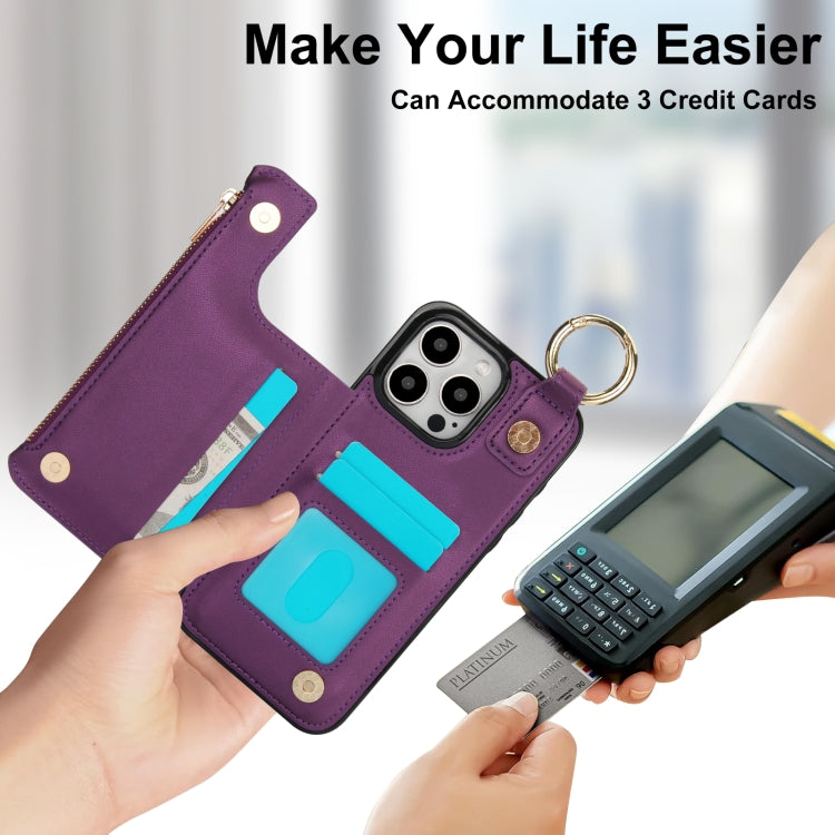For iPhone 16 Pro RFlD Anti-theft Double Buckle Ring Zipper Card Phone Case(Dark Purple) - iPhone 16 Pro Cases by buy2fix | Online Shopping UK | buy2fix