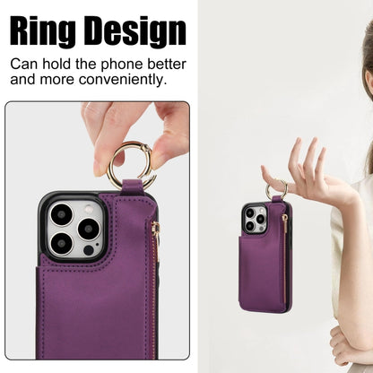 For iPhone 16 Pro RFlD Anti-theft Double Buckle Ring Zipper Card Phone Case(Dark Purple) - iPhone 16 Pro Cases by buy2fix | Online Shopping UK | buy2fix