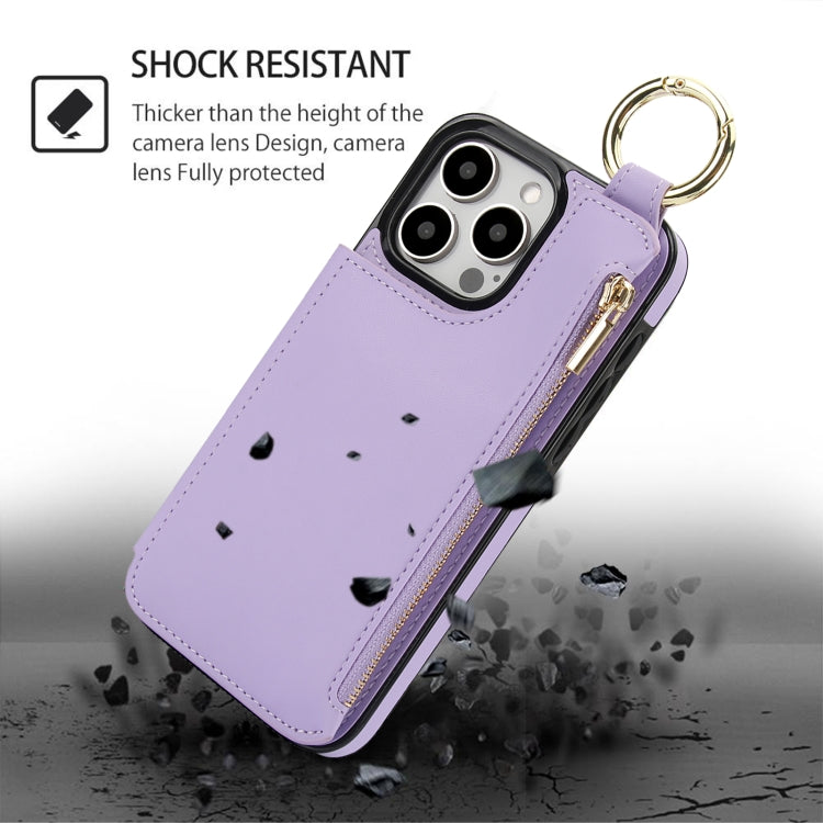 For iPhone 16 Pro RFlD Anti-theft Double Buckle Ring Zipper Card Phone Case(Purple) - iPhone 16 Pro Cases by buy2fix | Online Shopping UK | buy2fix