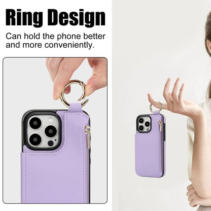 For iPhone 16 Pro RFlD Anti-theft Double Buckle Ring Zipper Card Phone Case(Purple) - iPhone 16 Pro Cases by buy2fix | Online Shopping UK | buy2fix