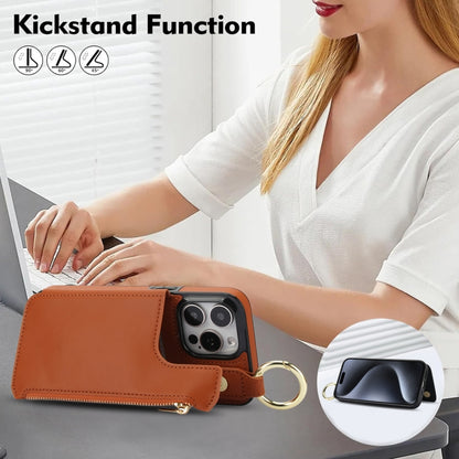 For iPhone 16 Pro RFlD Anti-theft Double Buckle Ring Zipper Card Phone Case(Brown) - iPhone 16 Pro Cases by buy2fix | Online Shopping UK | buy2fix