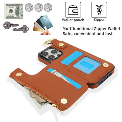 For iPhone 16 Pro RFlD Anti-theft Double Buckle Ring Zipper Card Phone Case(Brown) - iPhone 16 Pro Cases by buy2fix | Online Shopping UK | buy2fix