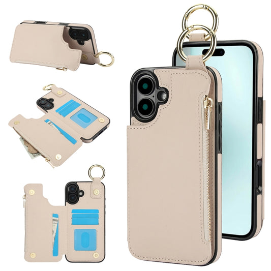 For iPhone 16 Plus RFlD Anti-theft Double Buckle Ring Zipper Card Phone Case(White) - iPhone 16 Plus Cases by buy2fix | Online Shopping UK | buy2fix