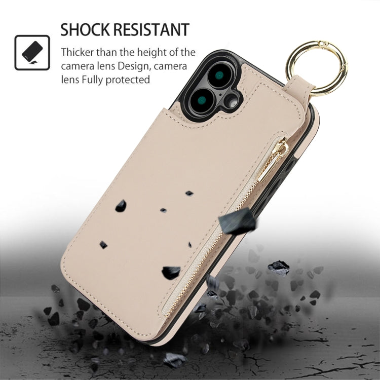 For iPhone 16 Plus RFlD Anti-theft Double Buckle Ring Zipper Card Phone Case(White) - iPhone 16 Plus Cases by buy2fix | Online Shopping UK | buy2fix
