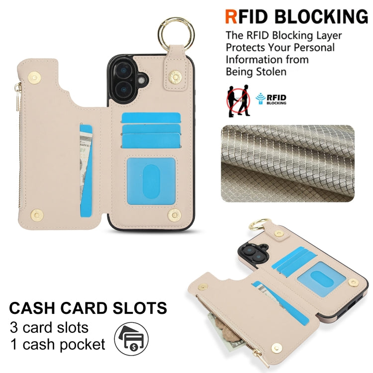 For iPhone 16 Plus RFlD Anti-theft Double Buckle Ring Zipper Card Phone Case(White) - iPhone 16 Plus Cases by buy2fix | Online Shopping UK | buy2fix