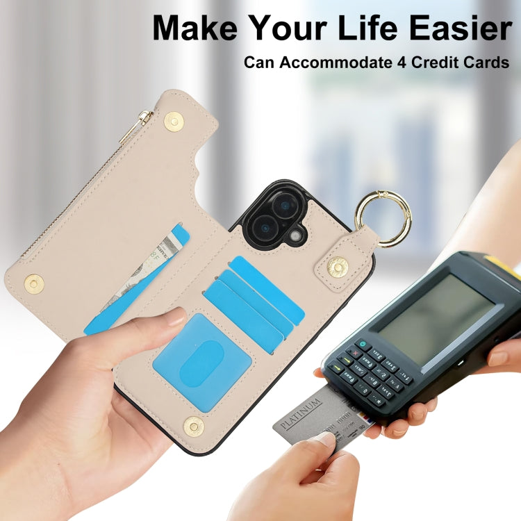 For iPhone 16 Plus RFlD Anti-theft Double Buckle Ring Zipper Card Phone Case(White) - iPhone 16 Plus Cases by buy2fix | Online Shopping UK | buy2fix