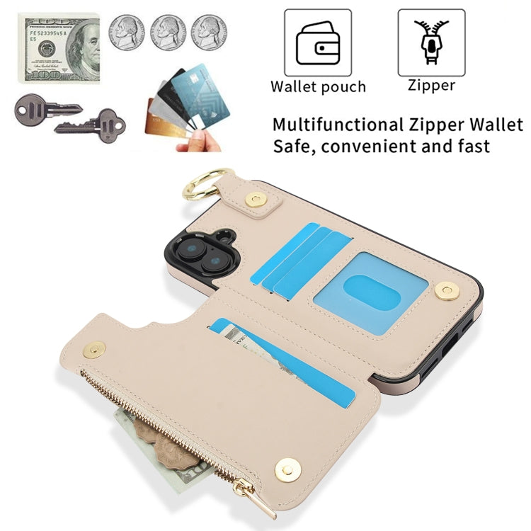 For iPhone 16 Plus RFlD Anti-theft Double Buckle Ring Zipper Card Phone Case(White) - iPhone 16 Plus Cases by buy2fix | Online Shopping UK | buy2fix