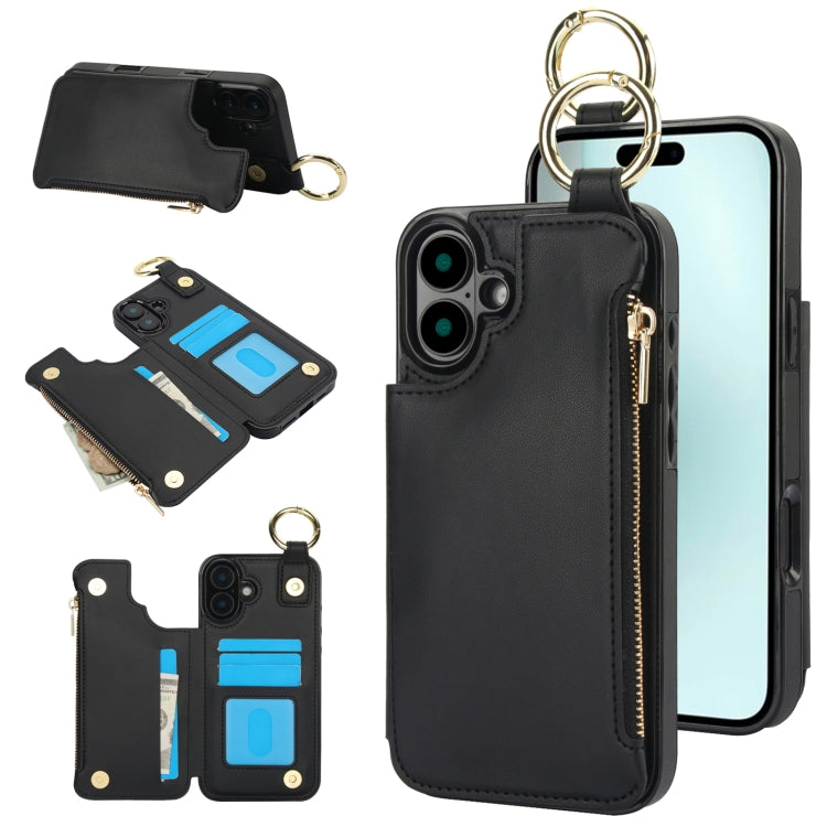 For iPhone 16 Plus RFlD Anti-theft Double Buckle Ring Zipper Card Phone Case(Black) - iPhone 16 Plus Cases by buy2fix | Online Shopping UK | buy2fix