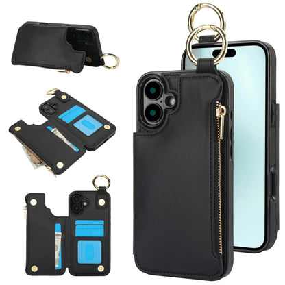 For iPhone 16 Plus RFlD Anti-theft Double Buckle Ring Zipper Card Phone Case(Black) - iPhone 16 Plus Cases by buy2fix | Online Shopping UK | buy2fix
