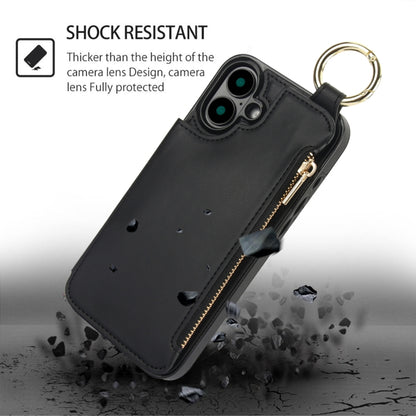 For iPhone 16 Plus RFlD Anti-theft Double Buckle Ring Zipper Card Phone Case(Black) - iPhone 16 Plus Cases by buy2fix | Online Shopping UK | buy2fix
