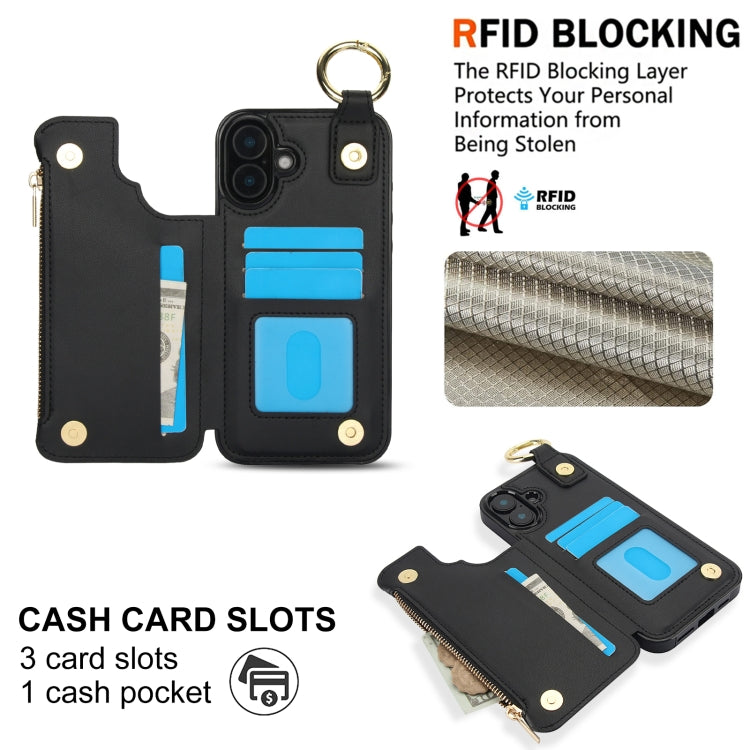 For iPhone 16 Plus RFlD Anti-theft Double Buckle Ring Zipper Card Phone Case(Black) - iPhone 16 Plus Cases by buy2fix | Online Shopping UK | buy2fix