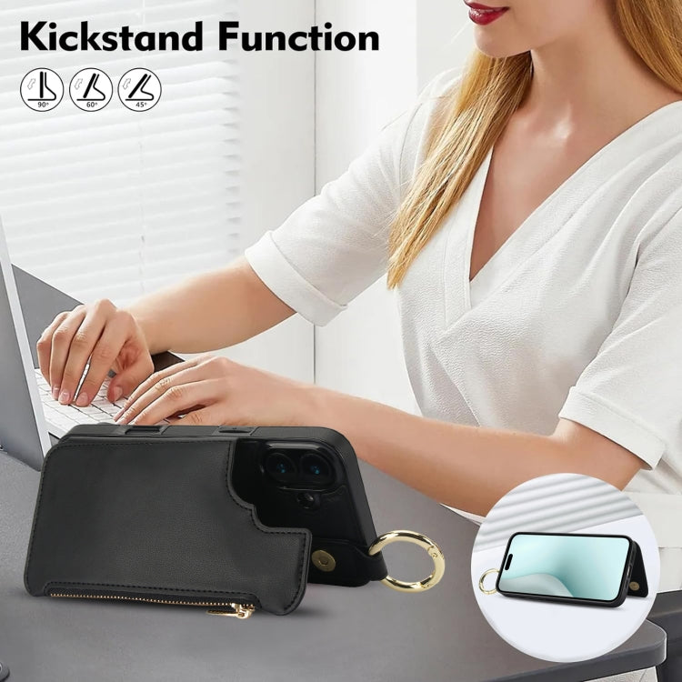 For iPhone 16 Plus RFlD Anti-theft Double Buckle Ring Zipper Card Phone Case(Black) - iPhone 16 Plus Cases by buy2fix | Online Shopping UK | buy2fix